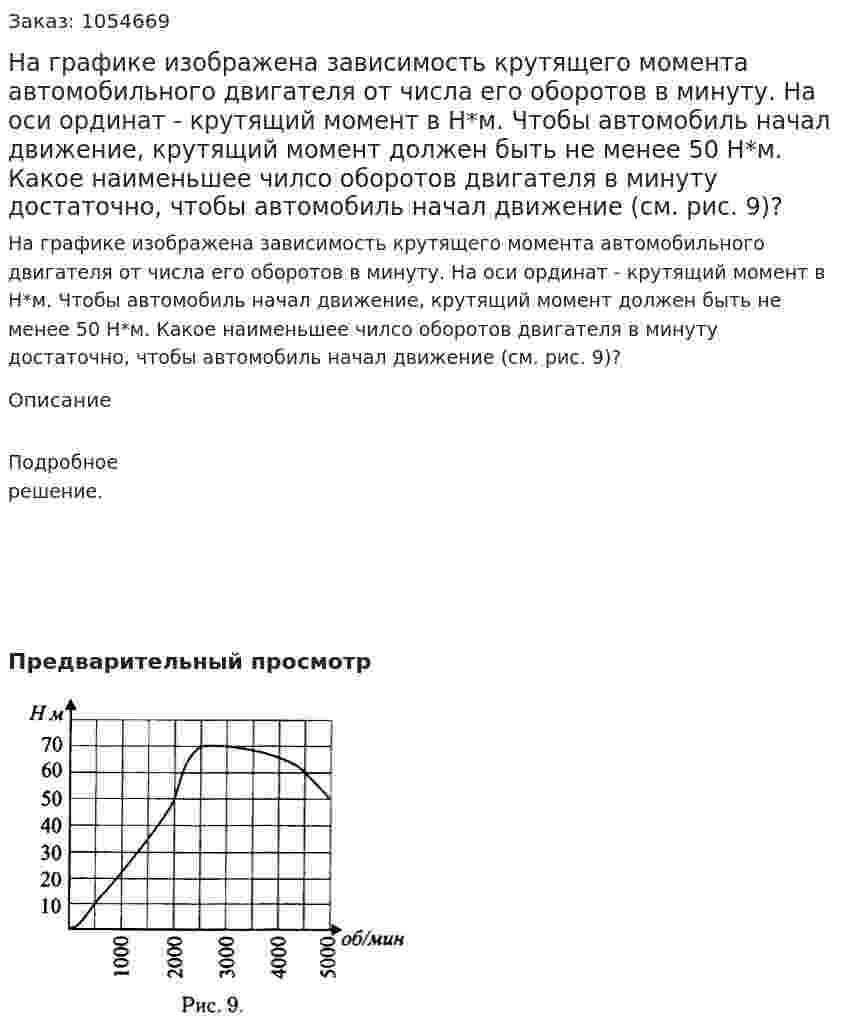 На графике изображена зависимость крутящего момента автомобильного двигателя от числа его оборотов в минуту. На оси ординат - крутящий момент в Н*м. Чтобы автомобиль начал движение, крутящий момент должен быть не менее 50 Н*м. Какое наименьшее чилсо оборотов двигателя в минуту достаточно, чтобы автомобиль начал движение (см. рис. 9)? 