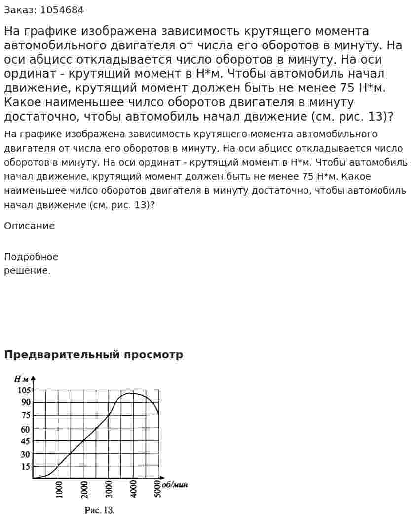 На графике изображена зависимость крутящего момента автомобильного двигателя от числа его оборотов в минуту. На оси абцисс откладывается число оборотов в минуту. На оси ординат - крутящий момент в Н*м. Чтобы автомобиль начал движение, крутящий момент должен быть не менее 75 Н*м. Какое наименьшее чилсо оборотов двигателя в минуту достаточно, чтобы автомобиль начал движение (см. рис. 13)? 