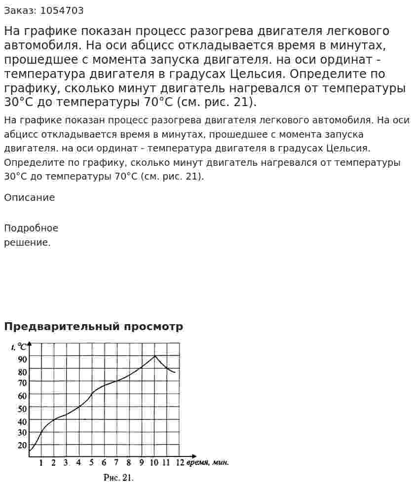 На графике показан процесс разогрева двигателя легкового автомобиля. На оси абцисс откладывается время в минутах, прошедшее с момента запуска двигателя. на оси ординат - температура двигателя в градусах Цельсия. Определите по графику, сколько минут двигатель нагревался от температуры 30°С до температуры 70°С (см. рис. 21). 