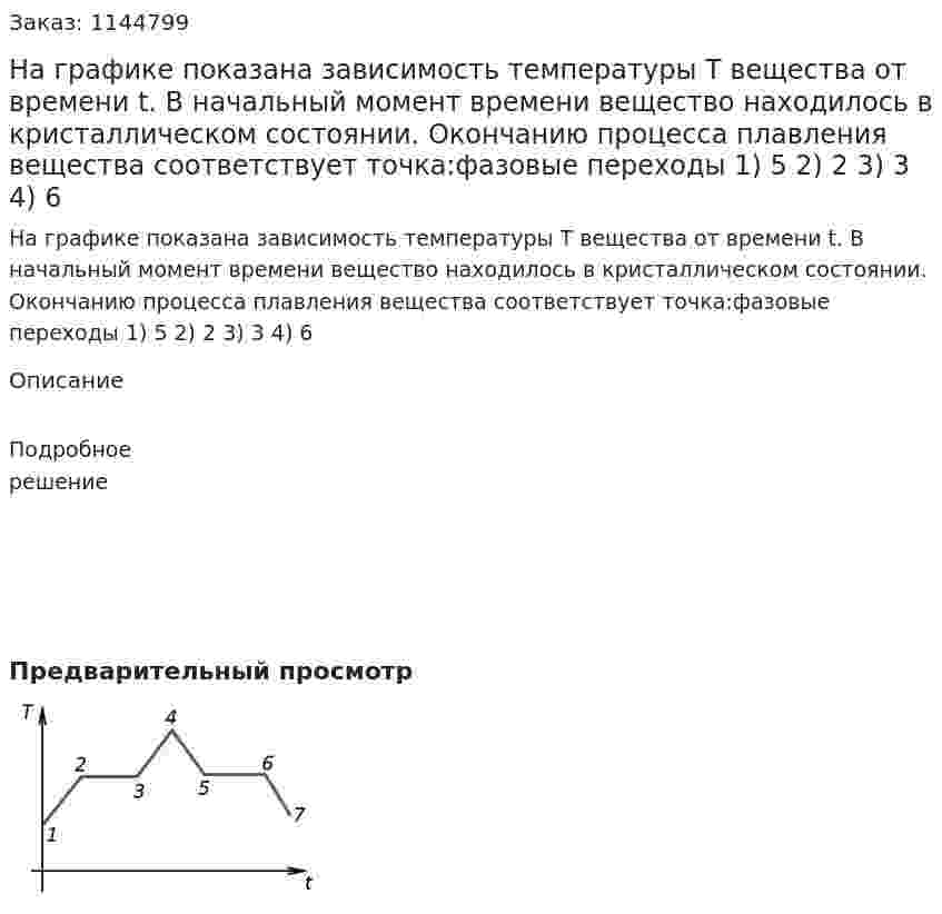 На графике показана зависимость температуры  Т вещества от времени t. В начальный момент времени вещество находилось в кристаллическом состоянии. Окончанию процесса плавления вещества соответствует точка:фазовые переходы   1)  5   2)  2   3)  3   4)  6 