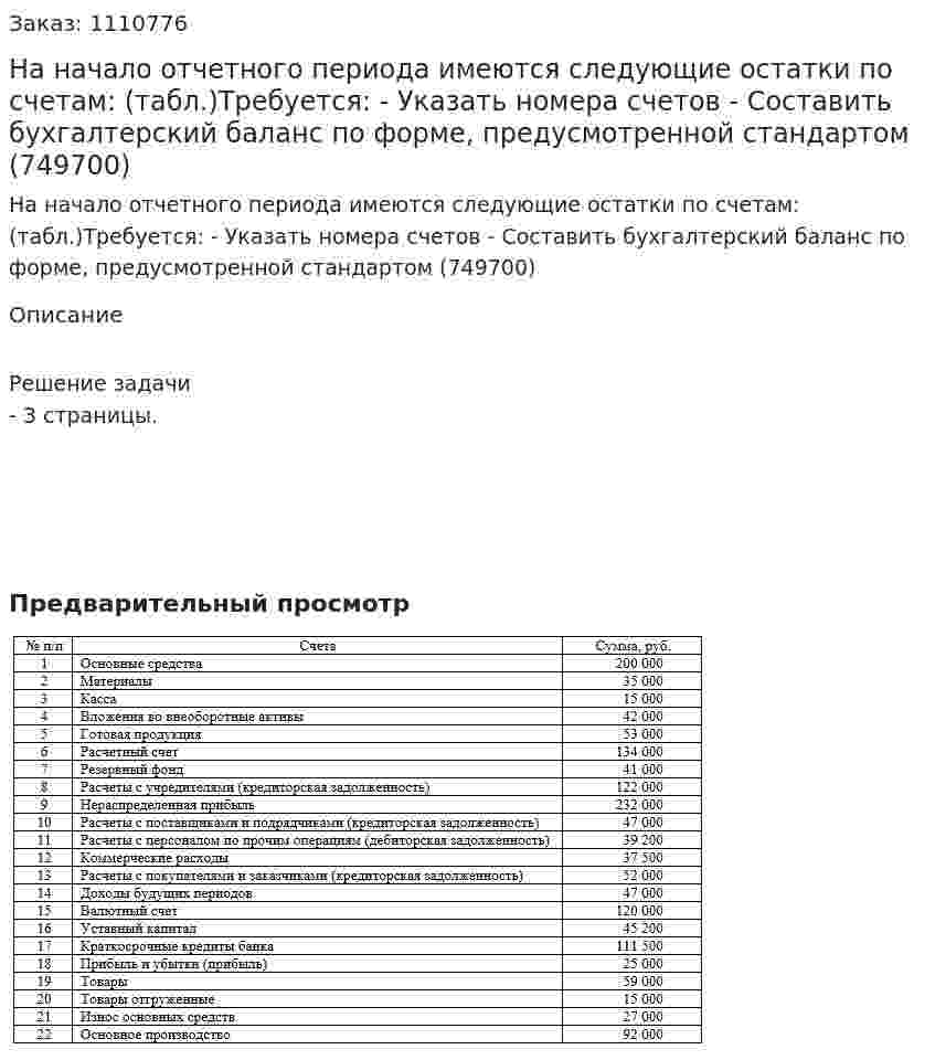 На начало отчетного периода имеются следующие остатки по счетам: (табл.)Требуется: - Указать номера счетов - Составить бухгалтерский баланс по форме, предусмотренной стандартом (749700) 