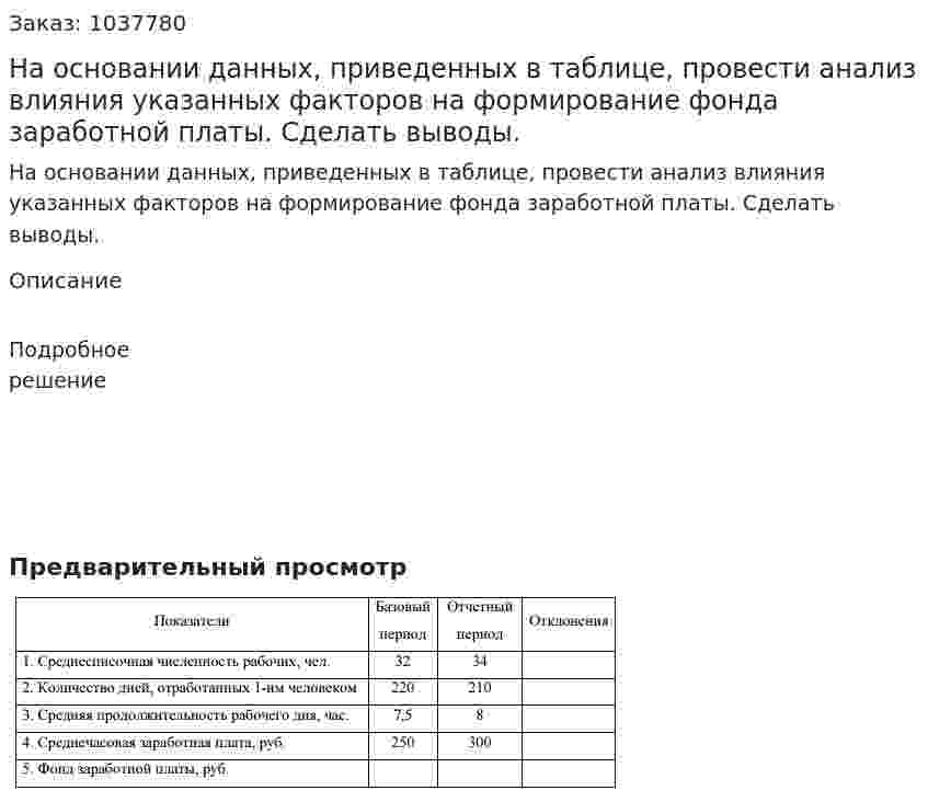 На основании данных, приведенных в таблице, провести анализ влияния указанных факторов на формирование фонда заработной платы. Сделать выводы.  