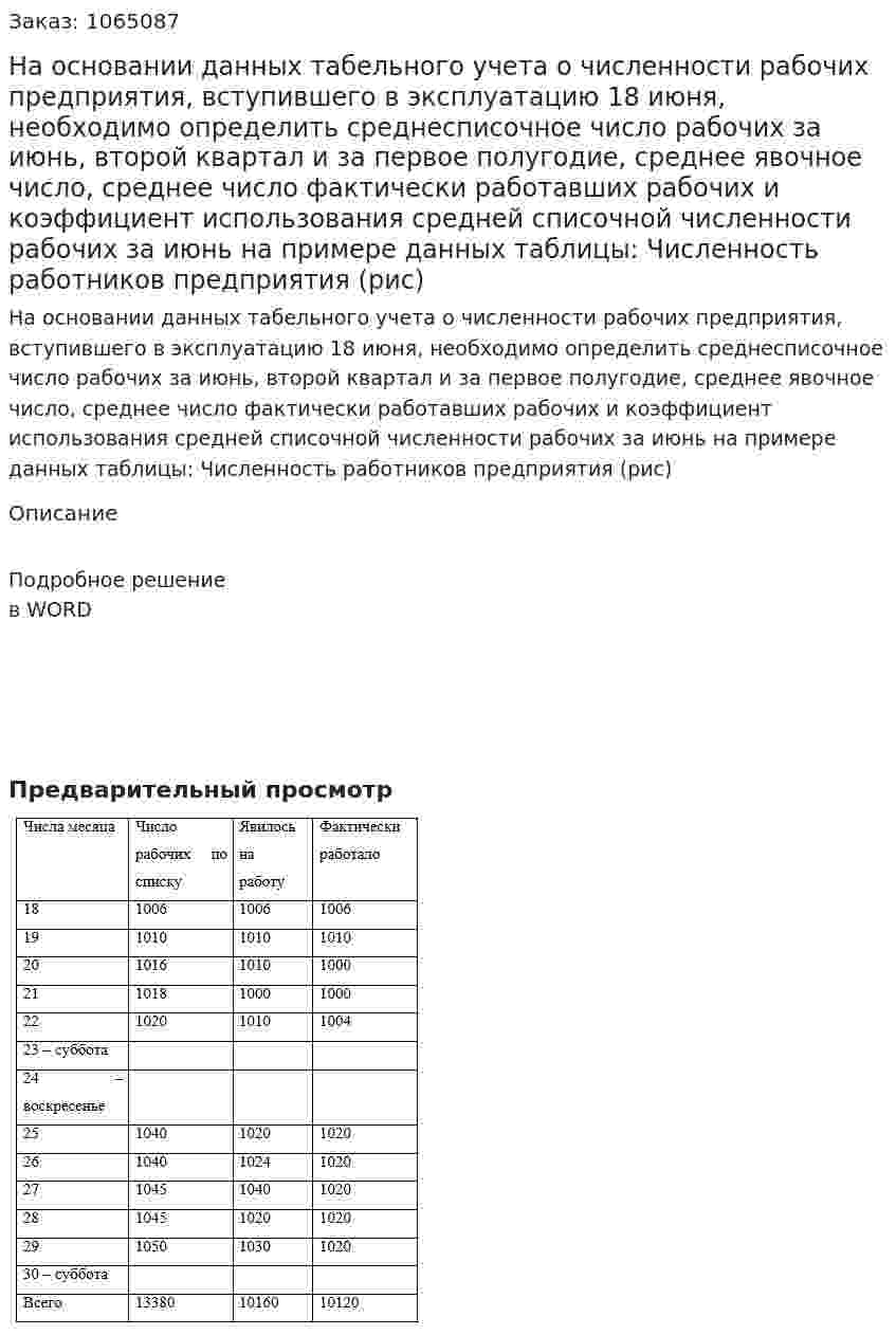На основании данных табельного учета о численности рабочих предприятия, вступившего в эксплуатацию 18 июня, необходимо определить среднесписочное число рабочих за июнь, второй квартал и за первое полугодие, среднее явочное число, среднее число фактически работавших рабочих и коэффициент использования средней списочной численности рабочих за июнь на примере данных таблицы: 	Численность работников предприятия (рис)  
