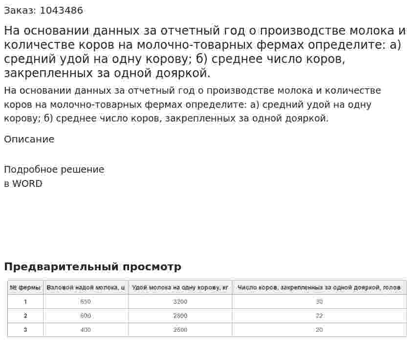 На основании данных за отчетный год о производстве молока и количестве коров на молочно-товарных фермах определите:  	а) средний удой на одну корову;  	б) среднее число коров, закрепленных за одной дояркой. 