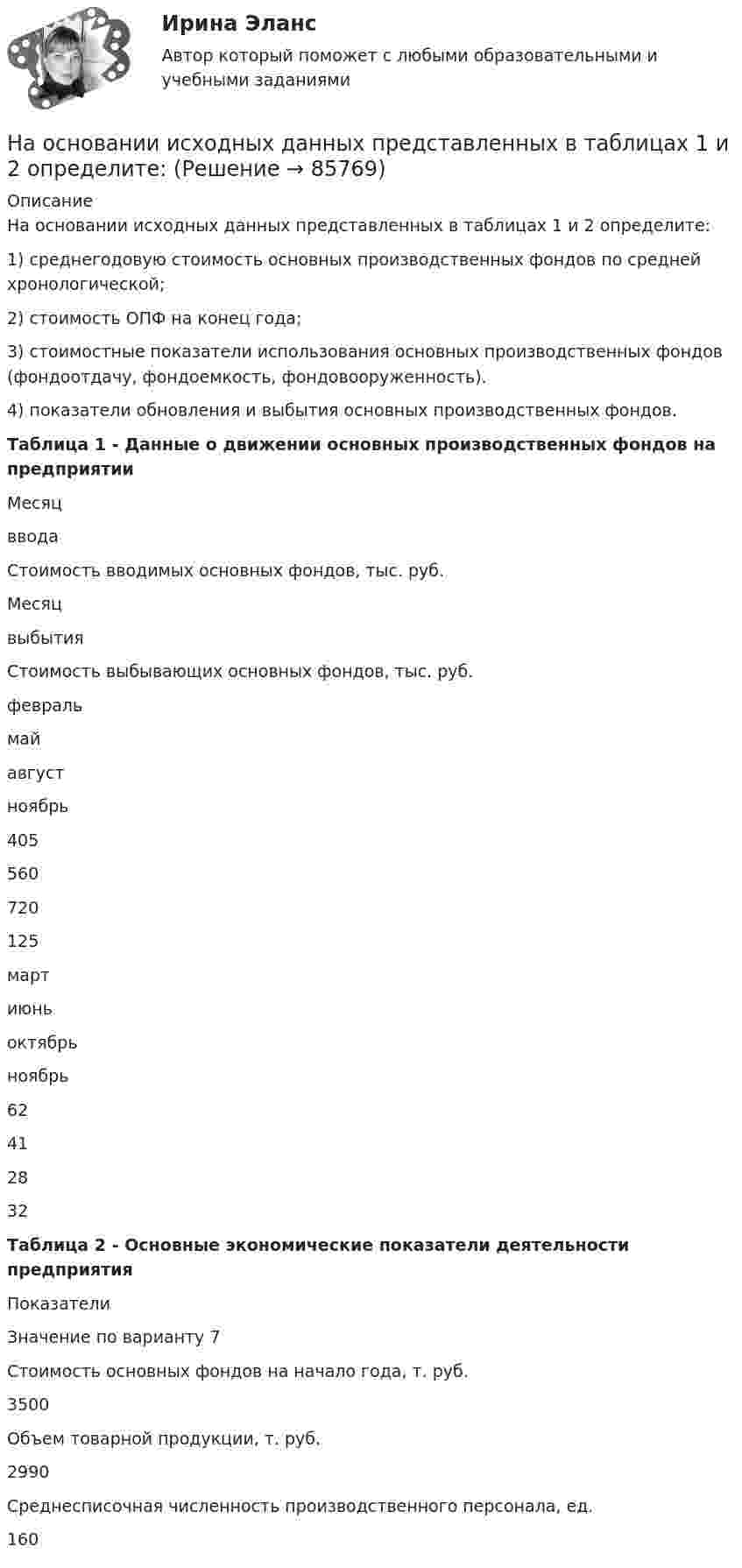     
            Описание
            На основании исходных данных представленных в таблицах 1 и 2 определите:1) среднегодовую стоимость основных производственных фондов по средней хронологической;2) стоимость ОПФ на конец года;3) стоимостные показатели использования основных производственных фондов (фондоотдачу, фондоемкость, фондовооруженность).4) показатели обновления и выбытия основных производственных фондов.Таблица 1 - Данные о движении основных производственных фондов на предприятии  Месяцввода Стоимость вводимых основных фондов, тыс. руб. Месяцвыбытия Стоимость выбывающих основных фондов, тыс. руб.    февраль май август ноябрь 405560720125 мартиюньоктябрьноябрь 62412832 Таблица 2 - Основные экономические показатели деятельности предприятия   Показатели Значение по варианту 7   Стоимость основных фондов на начало года, т. руб. 3500   Объем товарной продукции, т. руб. 2990   Среднесписочная численность производственного персонала, ед. 160    
            
            
            На основании исходных данных, оформить заявки на кассовый расход в орган федерального казначейства. Занести данные из первичных документов в Журнал операций по безналичным расчетам. Перечислено поставщику ООО «ПромТранс» с лицевого счета, открытого в органе казначейства за транспортные услуги – 20 000руб. Перечислено ООО «Водоканал» за оказанные коммунальные услуги – 50 000 руб. Перечислена заработная плата сотрудникам учреждения - 800 000 руб. Перечислен НДФЛ в бюджет – 100 000 руб.На основании исходных данных представленных в таблицах 1 и 2 определите:На основании исходных данных (таблица 3) о деятельности предприятия в текущем и изменений в плановом году определите:На основании опытных данных построить графики σ = f(x) и Г = f(x). Определить природу растворенного вещества, его поверхностную активность при указанных концентрациях,На основании опытных данных построить графики сигма = f(x) и Г = f(x).  Определить природу растворенного вещества, его поверхностную активность при указанных концентрациях, вычислить постоянные в уравнении Лэнгмюра На основании опытных данных построить графики сигма = f(x) и Г = f(x).  Определить природу растворенного вещества, его поверхностную активность при указанных концентрациях, вычислить постоянные в уравнении Лэнгмюра и площадь поверхности сорбентаНа основании особенностей темперамента выделяют такие типы лидеров, как  … (укажите 3 варианта ответа) информационный эмоциональный сенсорно-решающий интуитивно-эмоциональный авторитарный интуитивно-логическийНа основании информации из текста ниже что His friend Alex is American. My Office Hello. My name s Steve. Im British and Im from London. This is my office in Moscow. Its a small room, but its light. My friend Alex isnt British, hes Russian. На основании информации из текста ниже что His friend Alex is American. My Office Hello. My name's Steve. I'm British and I'm from London. This is my office in Moscow. It's a small room, but it's light. My friend Alex isn't British, he's Russian. На основании информации из текста ниже ..., что His Russian is very good. My Office Hello. My name s Steve. I m British and I m from London. This is my office in Moscow. It s a small room, but it s light. My friend Alex isn t British, he s Russian.На основании информации из текста ниже что His Russian is very good. My Office Hello. My name's Steve. I'm British and I'm from London. This is my office in Moscow. It's a small room, but it's light. My friend Alex isn't British, he's Russian. His На основании информации из текста ниже ..., что It s a very large room. My Office Hello. My name s Steve. I m British and I m from London. This is my office in Moscow. It s a small room, but it s light. My friend Alex isn t British, he s Russian. На основании информации из текста ниже ..., что Steve is from Russia My Office Hello. My name s Steve. I m British and I m from London. This is my office in Moscow. It s a small room, but it s light. My friend Alex isn t British, he s Russian. На основании информации из текста ниже ..., что The room in his office is light. My Office Hello.My name s Steve. I m British and I m from London. This is my office in Moscow. It s a small room, but it s light. My friend Alex isn t British, he s Russ