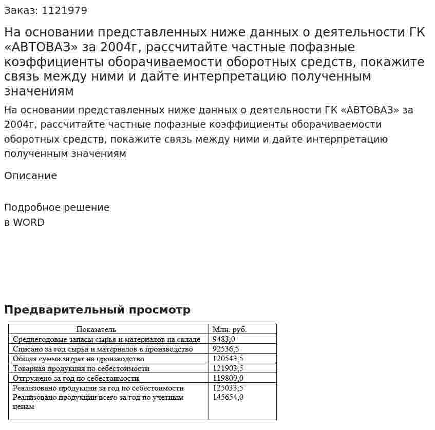 На основании представленных ниже данных о деятельности ГК «АВТОВАЗ» за 2004г, рассчитайте частные пофазные коэффициенты оборачиваемости оборотных средств, покажите связь между ними и дайте интерпретацию полученным значениям 