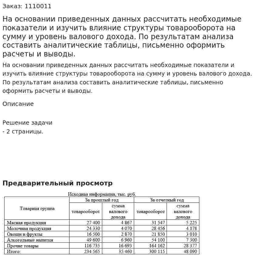 На основании приведенных данных рассчитать необходимые показатели и изучить влияние структуры товарооборота на сумму и уровень валового дохода. По результатам анализа составить аналитические таблицы, письменно оформить расчеты и выводы. 