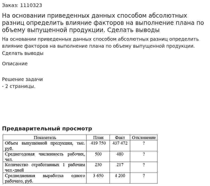 На основании приведенных данных способом абсолютных разниц определить влияние факторов на выполнение плана по объему выпущенной продукции. Сделать выводы 