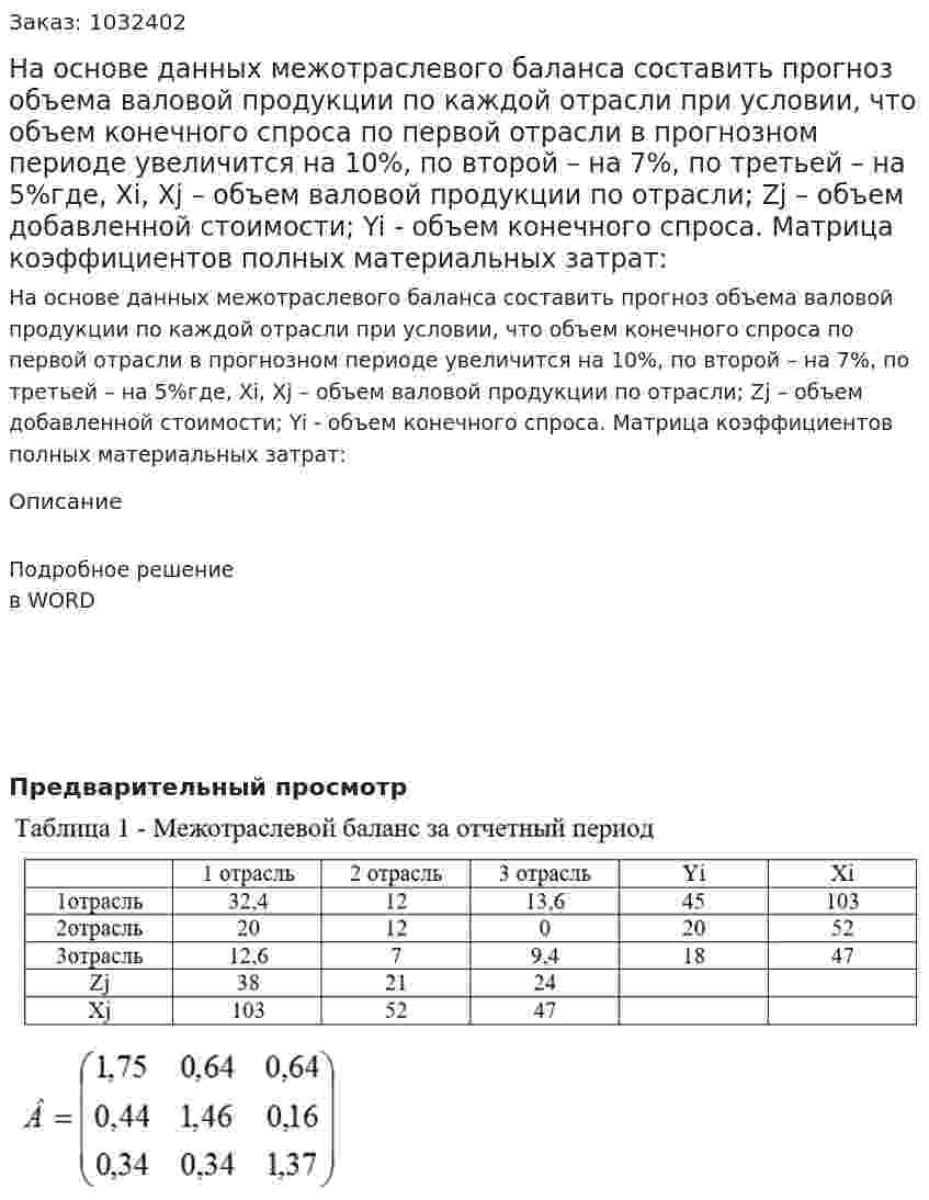 На основе данных межотраслевого баланса составить прогноз объема валовой продукции по каждой отрасли при условии, что объем конечного спроса по первой отрасли в прогнозном периоде увеличится на 10%, по второй – на 7%, по третьей – на 5%где, Xi, Xj – объем валовой продукции по отрасли; Zj – объем добавленной стоимости; Yi - объем конечного спроса. Матрица коэффициентов полных материальных затрат:  