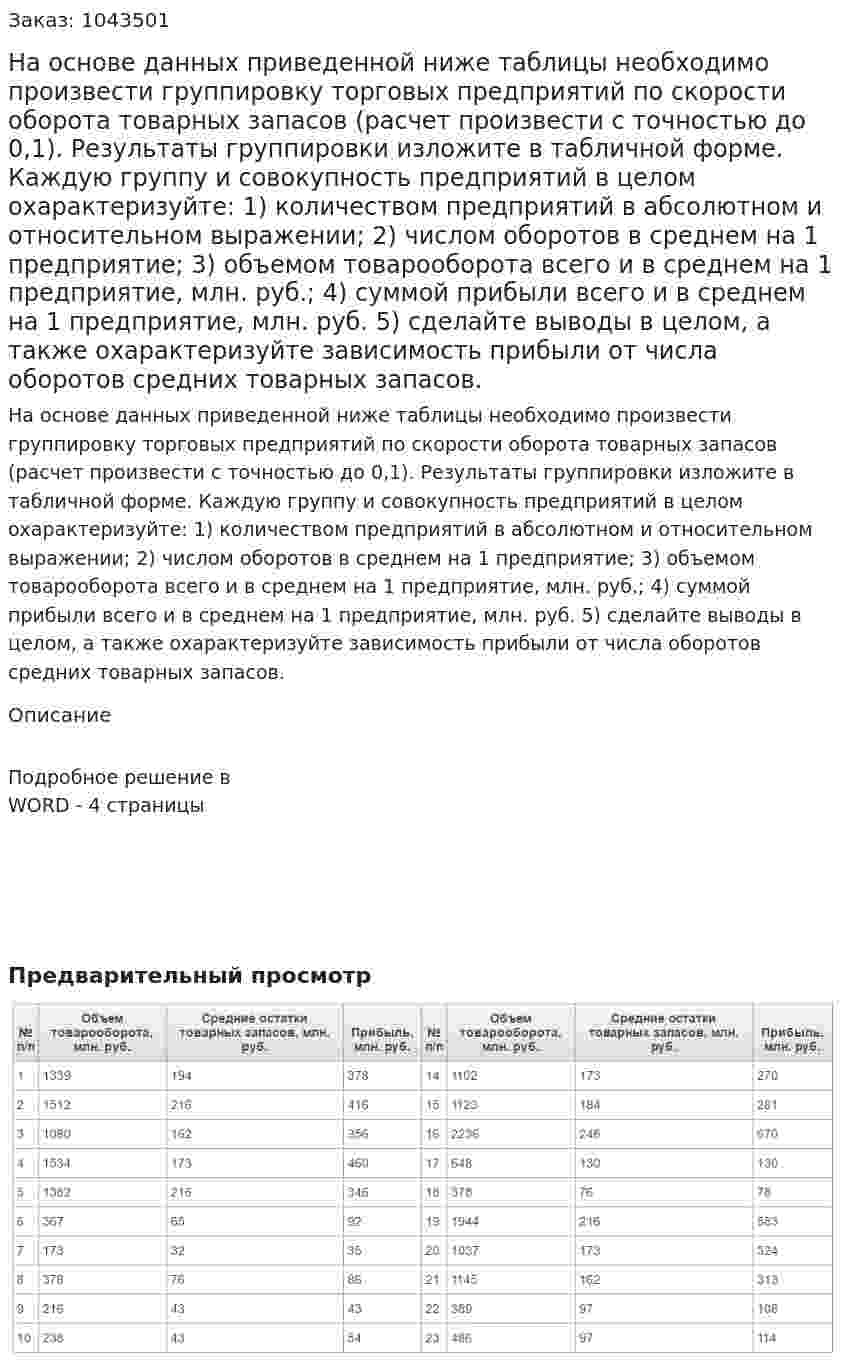 На основе данных приведенной ниже таблицы необходимо произвести группировку торговых предприятий по скорости оборота товарных запасов (расчет произвести с точностью до 0,1).  Результаты группировки изложите в табличной форме. Каждую группу и совокупность предприятий в целом охарактеризуйте:  1) количеством предприятий в абсолютном и относительном выражении;  2) числом оборотов в среднем на 1 предприятие;  3) объемом товарооборота всего и в среднем на 1 предприятие, млн. руб.;  4) суммой прибыли всего и в среднем на 1 предприятие, млн. руб.  5) сделайте выводы в целом, а также охарактеризуйте зависимость прибыли от числа оборотов средних товарных запасов. 