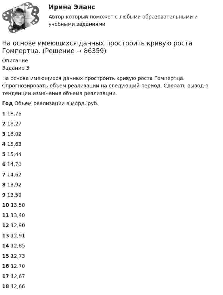      
            Описание
            	Задание 3	 	 На основе имеющихся данных простроить кривую роста Гомпертца. Спрогнозировать объем реализации на следующий период. Сделать вывод о тенденции изменения объема реализации. Год Объем реализации в млрд. руб. 1 18,76 2 18,27 3 16,02 4 15,63 5 15,44 6 14,70 7 14,62   8 13,92 9 13,59 10 13,50 11 13,40 12 12,90 13 12,91 14 12,85 15 12,73 16 12,70 17 12,67 18 12,66     
            
            
            На основе знаний особенностей селективного восприятия информации потребителями маркетологи применяют законы … восприятия товараНа основе имеющихся данных простроить кривую роста Гомпертца. На основе имеющихся данных простроить кривую роста Гомпертца. Спрогнозировать объем реализации на следующий период. Сделать вывод о тенденции изменения объема реализации.На основе исходной информации о динамике исследуемого показателя выявить тенденцию изменения показателя, построить график сезонной волны и составить прогноз показателя на будущий год по кварталам, используя модель с аддитивной и мультипликативной (первый и второй способ) компонентами.На основе исходных данных заполнить таблицу по расчету заработной платы рабочих на предприятии девелопмента.На основе исходных данных, отраженных в таблице 1, рассчитайте и заполните все недостающие показатели, а также произведите факторный анализ методом цепных подстановок либо абсолютных разниц следующих факторных моделей: 1. RОС = ФОос * ДРП * Rоб ,На основе исходных данных, отраженных в таблице 1, рассчитайте и заполните все недостающие показатели, а также произведите факторный анализ методом цепных подстановок либо абсолютных разниц следующих факторных моделей: 1. RОС = ФОос * ДРП * Rоб ,. 2На основе данных для выполнения задачи: 1) Составить бухгалтерский баланс на 01 января 20___г.; 2) Отразить на счетах хозяйственные операции способом двойной записи; 3) Подсчитать обороты и конечные остатки по счетам в оборотно-сальдовой ведомости и составить конечный баланс на 01 февраля 20___г.На основе данных для выполнения задачи определить, к какой статье бухгалтерского баланса (активной или пассивной) относятся конкретные виды имущества, источники его формирования, а затем составить бухгалтерский баланс. Данные для выполнения задачи:На основе данных для выполнения задачи произведите группировку активов (имущества) предприятия. Данные для решения задачи: №На основе данных для выполнения задачи произведите группировку активов (имущества) предприятия. Данные для решения задачи: № п/п Виды объектов Сумма (тыс. руб.) 1. Вспомогательные материалы 384На основе данных о рентабельности продаж рассчитать параметры эффективной диверсификации производства, те. провести группировку товаров и выбрать стратегию, максимизирующую эффективность деятельности и снижающую финансовый риск.На основе данных таблицы определите общую полезность четырех единиц потребленного блага.На основе данных таблицы определите предельную полезность пятой единицы блага.