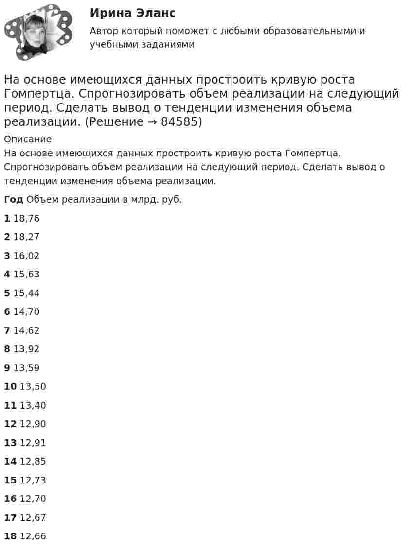      
            Описание
            На основе имеющихся данных простроить кривую роста Гомпертца. Спрогнозировать объем реализации на следующий период. Сделать вывод о тенденции изменения объема реализации.Год Объем реализации в млрд. руб.1 18,762 18,273 16,024 15,635 15,446 14,707 14,628 13,929 13,5910 13,5011 13,4012 12,9013 12,9114 12,8515 12,7316 12,7017 12,6718 12,66   
            
            
            На основе имеющихся данных простроить кривую роста Гомпертца. На основе имеющихся данных простроить кривую роста Гомпертца. Спрогнозировать объем реализации на следующий период. Сделать вывод о тенденции изменения объема реализации.На основе исходной информации о динамике исследуемого показателя выявить тенденцию изменения показателя, построить график сезонной волны и составить прогноз показателя на будущий год по кварталам, используя модель с аддитивной и мультипликативной (первый и второй способ) компонентами.На основе исходных данных заполнить таблицу по расчету заработной платы рабочих на предприятии девелопмента.На основе исходных данных, отраженных в таблице 1, рассчитайте и заполните все недостающие показатели, а также произведите факторный анализ методом цепных подстановок либо абсолютных разниц следующих факторных моделей: 1. RОС = ФОос * ДРП * Rоб ,На основе исходных данных, отраженных в таблице 1, рассчитайте и заполните все недостающие показатели, а также произведите факторный анализ методом цепных подстановок либо абсолютных разниц следующих факторных моделей: 1. RОС = ФОос * ДРП * Rоб ,. 2На основе исходных данных производственного предприятия провести факторный анализ изменения объема продажНа основе данных для выполнения задачи определить, к какой статье бухгалтерского баланса (активной или пассивной) относятся конкретные виды имущества, источники его формирования, а затем составить бухгалтерский баланс. Данные для выполнения задачи:На основе данных для выполнения задачи произведите группировку активов (имущества) предприятия. Данные для решения задачи: №На основе данных для выполнения задачи произведите группировку активов (имущества) предприятия. Данные для решения задачи: № п/п Виды объектов Сумма (тыс. руб.) 1. Вспомогательные материалы 384На основе данных о рентабельности продаж рассчитать параметры эффективной диверсификации производства, те. провести группировку товаров и выбрать стратегию, максимизирующую эффективность деятельности и снижающую финансовый риск.На основе данных таблицы определите общую полезность четырех единиц потребленного блага.На основе данных таблицы определите предельную полезность пятой единицы блага.На основе заданного описания предметной области разработать структуру реляционной базы данных, выполнив следующую последовательность действий: 1. Выполнив анализ описания предметной области и заданного перечня атрибутов, для каждой сущности выбрать набор определяющих ее атрибутов.