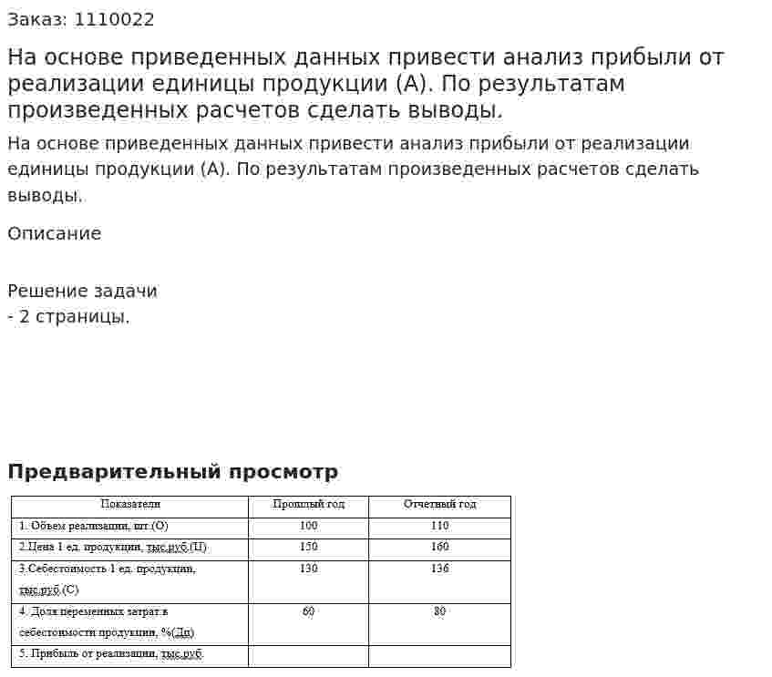 На основе приведенных данных привести анализ прибыли от реализации единицы продукции (А). По результатам произведенных расчетов сделать выводы. 