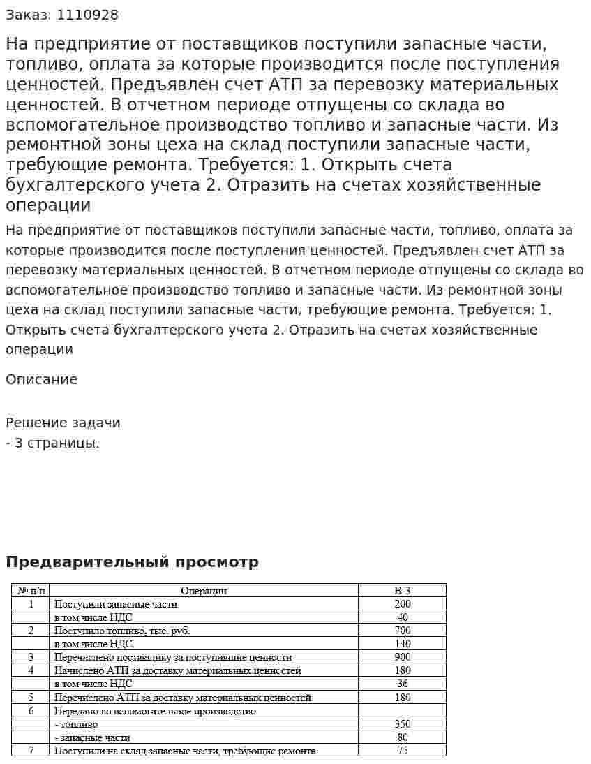 На предприятие от поставщиков поступили запасные части, топливо, оплата за которые производится после поступления ценностей. Предъявлен счет АТП за перевозку материальных ценностей. В отчетном периоде отпущены со склада во вспомогательное производство топливо и запасные части. Из ремонтной зоны цеха на склад поступили запасные части, требующие ремонта. Требуется: 1.	Открыть счета бухгалтерского учета 2.	Отразить на счетах хозяйственные операции 