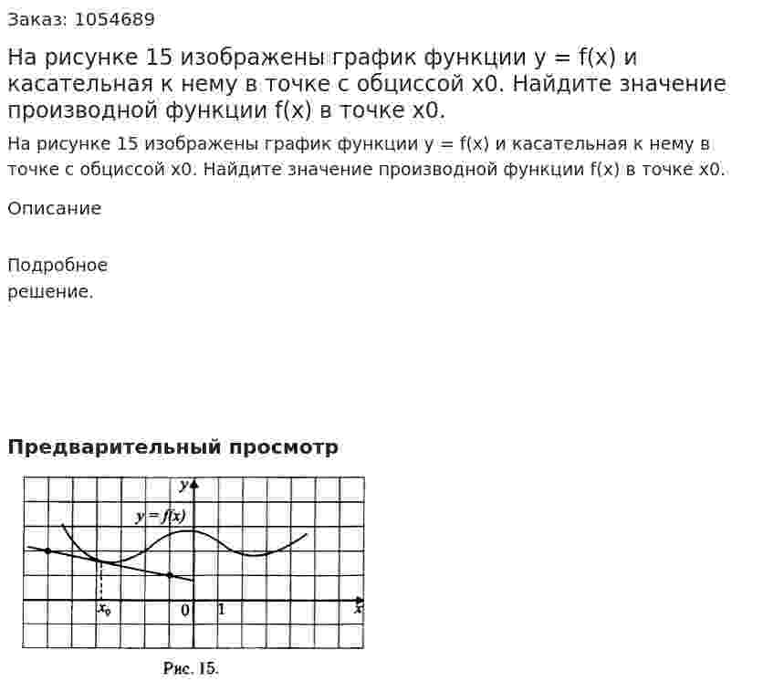 На рисунке 15 изображены график функции y = f(x) и касательная к нему в точке с обциссой х0. Найдите значение производной функции f(x) в точке х0. 