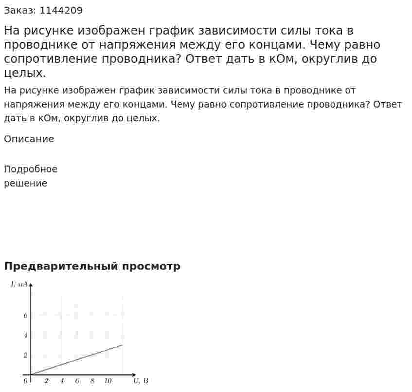 На рисунке изображен график зависимости силы тока в проводнике от напряжения между его концами. Чему равно сопротивление проводника? Ответ дать в кОм, округлив до целых. 