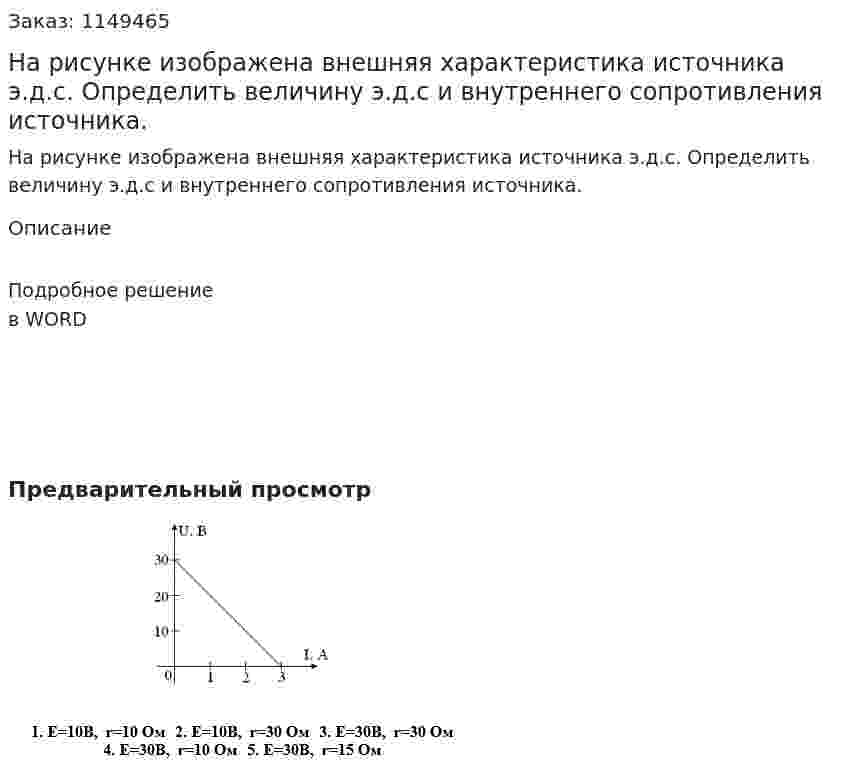 На рисунке изображена внешняя характеристика источника э.д.с. Определить величину э.д.с и внутреннего сопротивления источника. 