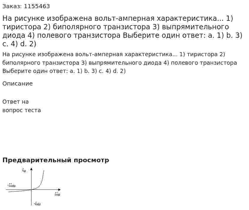 На рисунке изображена вольт-амперная характеристика... 1) тиристора 2) биполярного транзистора 3) выпрямительного диода 4) полевого транзистора Выберите один ответ: а. 1) b. 3) с. 4) d. 2) 