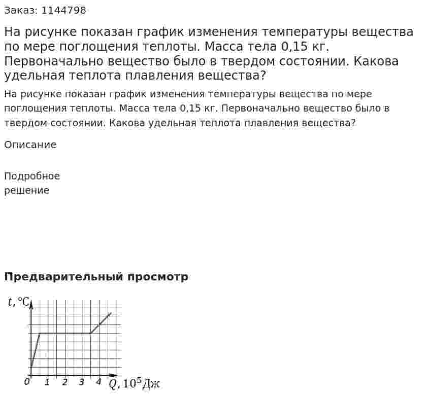 На рисунке показан график изменения температуры вещества по мере поглощения теплоты. Масса тела 0,15 кг. Первоначально вещество было в твердом состоянии. Какова удельная теплота плавления вещества? 