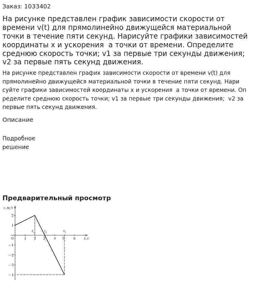 На рисунке представлен график зависимости скорости от времени v(t) для прямолинейно движущейся материальной точки в течение пяти секунд. Нарисуйте графики зависимостей координаты x   и ускорения  a точки от времени. Определите среднюю скорость точки; v1 	 за первые три секунды движения;  v2 за первые пять секунд движения.  