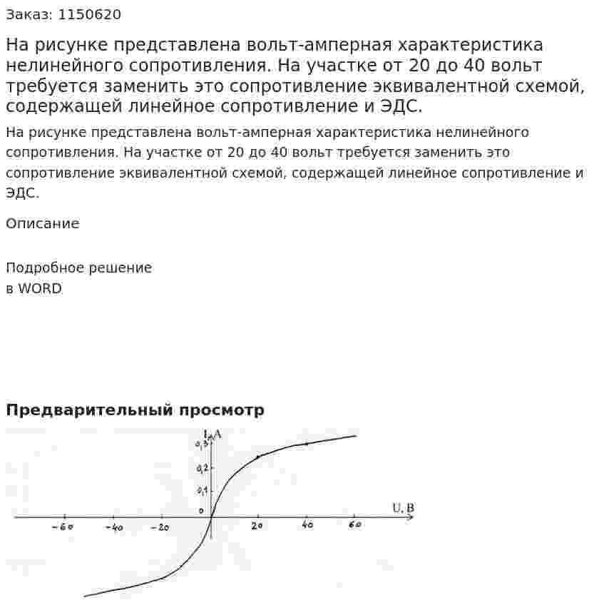 На рисунке представлена вольт-амперная характеристика нелинейного сопротивления. На участке от 20 до 40 вольт требуется заменить это сопротивление эквивалентной схемой, содержащей линейное сопротивление и ЭДС. 