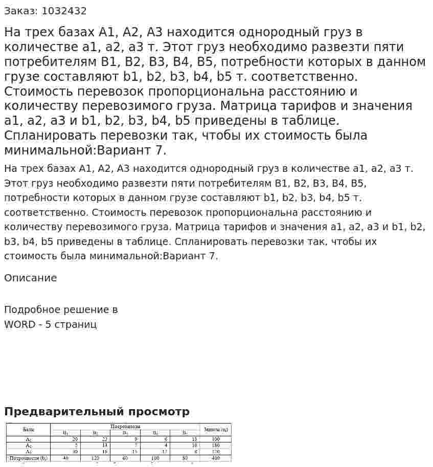 На трех базах A1, A2, A3 находится однородный груз в количестве a1, a2, a3 т. Этот груз необходимо развезти пяти потребителям B1, B2, B3, B4, B5, потребности которых в данном грузе составляют b1, b2, b3, b4, b5 т. соответственно. Стоимость перевозок пропорциональна расстоянию и количеству перевозимого груза. Матрица тарифов и значения a1, a2, a3 и b1, b2, b3, b4, b5 приведены в таблице. Спланировать перевозки так, чтобы их стоимость была минимальной:Вариант 7. 