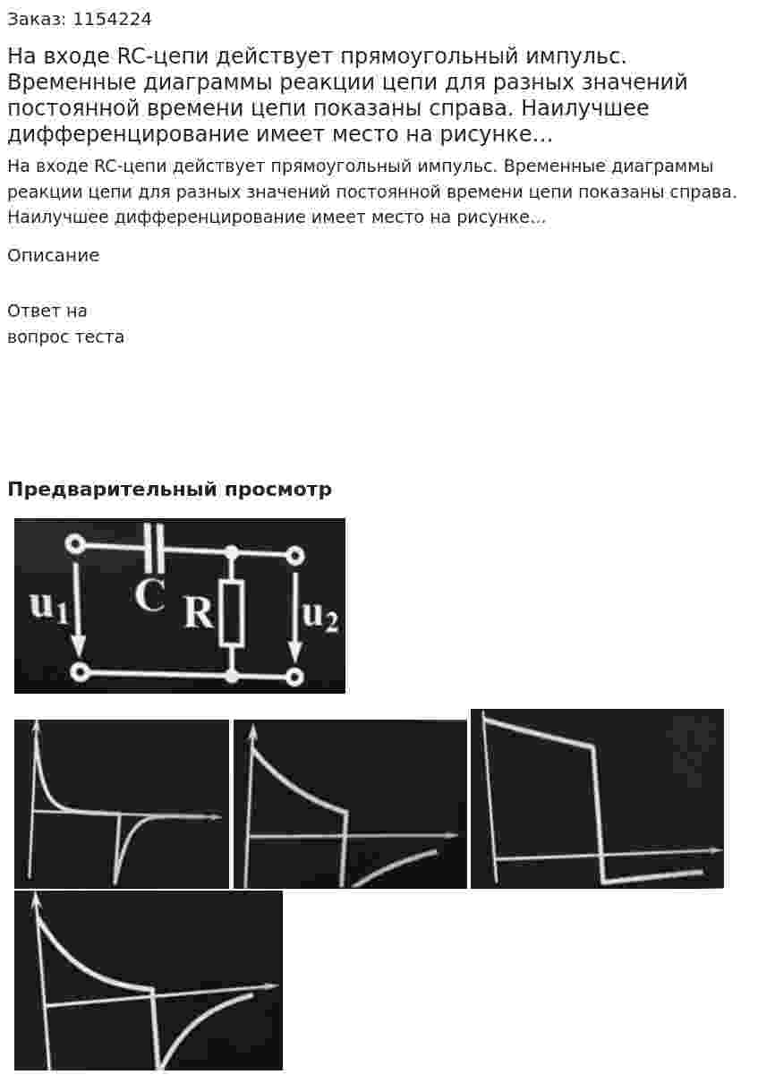 На входе RC-цепи действует прямоугольный импульс. Временные диаграммы реакции цепи для разных значений постоянной времени цепи показаны справа. Наилучшее дифференцирование имеет место на рисунке…  
