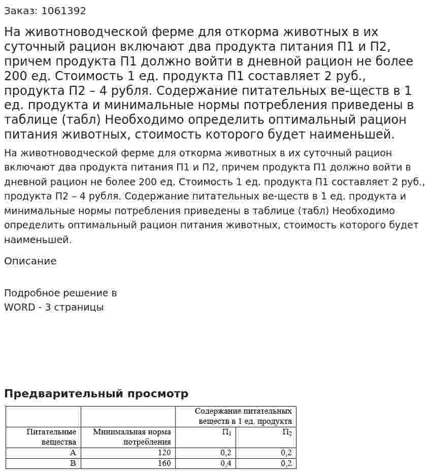 На животноводческой ферме для откорма животных в их суточный рацион включают два продукта питания П1 и П2, причем продукта П1 должно войти в дневной рацион не более 200 ед. Стоимость 1 ед. продукта П1 составляет 2 руб., продукта П2 – 4 рубля. Содержание питательных ве-ществ в 1 ед. продукта и минимальные нормы потребления приведены в таблице (табл) Необходимо определить оптимальный рацион питания животных, стоимость которого будет наименьшей. 