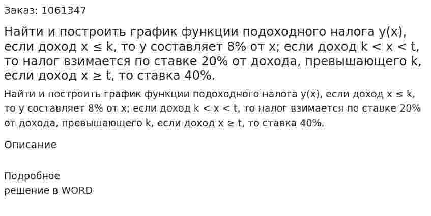 Найти и построить график функции подоходного налога y(x), если доход x ≤ k, то y  составляет 8% от x; если доход k < x < t, то налог взимается по ставке 20% от дохода, превышающего  k, если доход x ≥ t, то ставка 40%. 