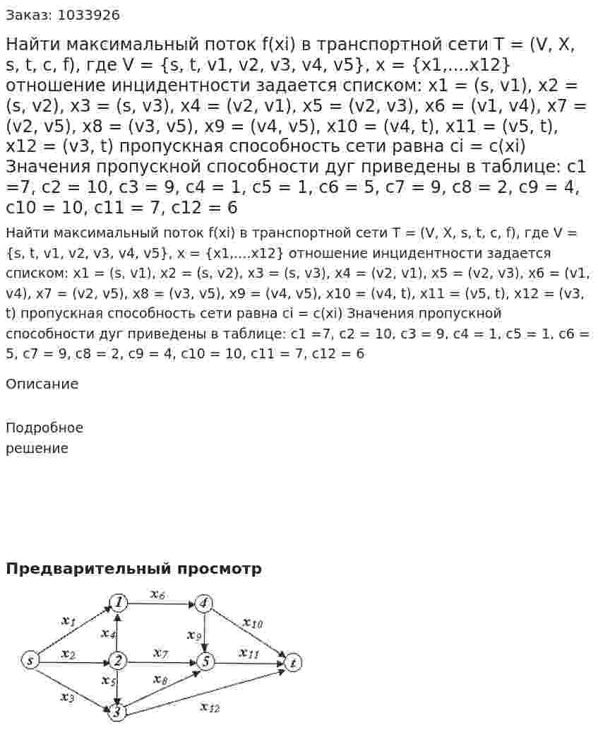 Найти максимальный поток f(xi)  в транспортной сети T = (V, X, s, t, c, f), где V = {s, t, v1, v2, v3, v4, v5}, x = {x1,....x12} отношение инцидентности задается списком: x1 = (s, v1), x2 = (s, v2), x3 = (s, v3), x4 = (v2, v1), x5 = (v2, v3), x6 = (v1, v4), x7 = (v2, v5), x8 = (v3, v5), x9 = (v4, v5), x10 = (v4, t), x11 = (v5, t), x12 = (v3, t)  пропускная способность сети равна ci = c(xi) Значения пропускной способности дуг приведены в таблице: c1 =7, c2 = 10, c3 = 9, c4 = 1, c5 = 1, c6 = 5, c7 = 9, c8 = 2, c9 = 4, c10 = 10, c11 = 7, c12 = 6 