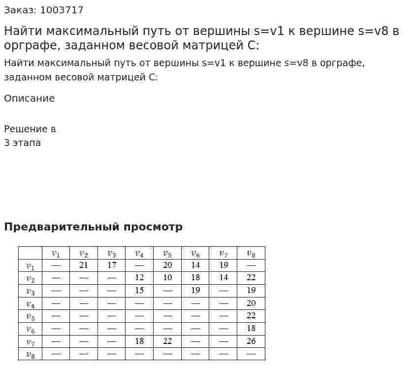 Найти максимальный путь от вершины s=v1  к вершине s=v8  в орграфе, заданном весовой матрицей  C:  