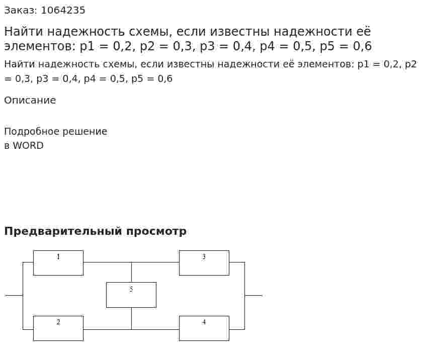 Найти надежность схемы, если известны надежности её элементов: p1 = 0,2, p2 = 0,3, p3 = 0,4, p4 = 0,5, p5 = 0,6 