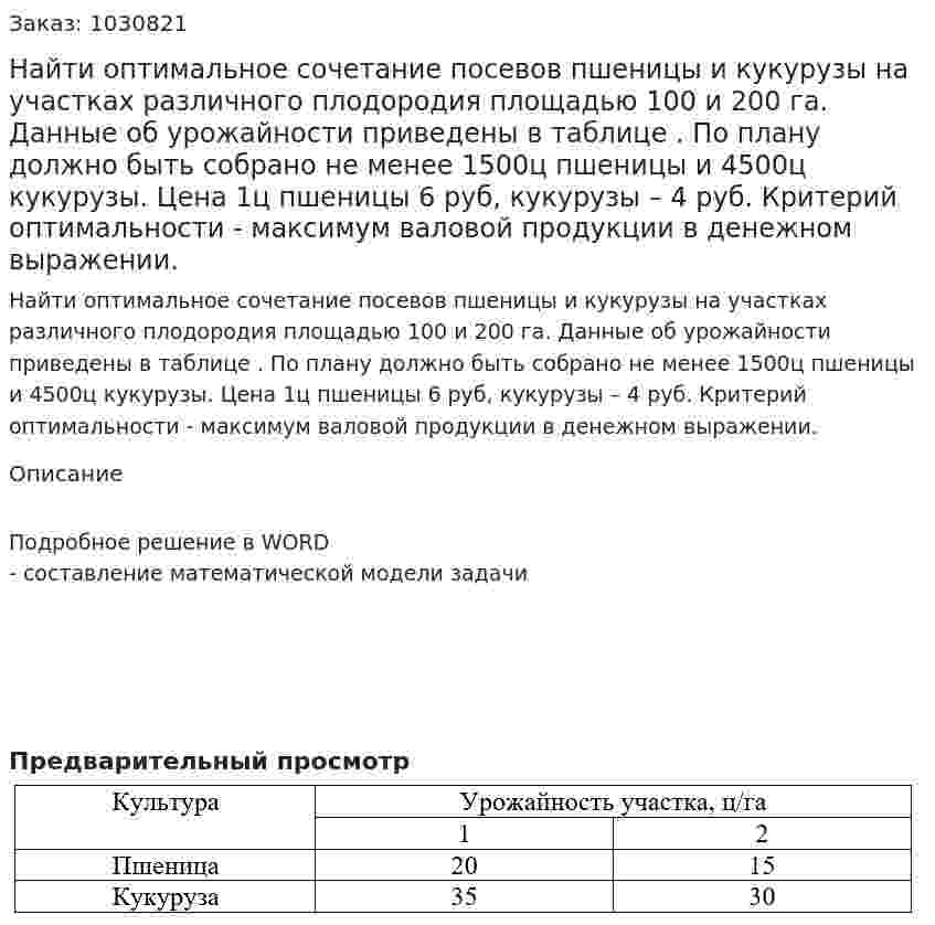 Найти оптимальное сочетание посевов пшеницы и кукурузы на участках различного плодородия площадью 100 и 200 га. Данные об урожайности приведены в таблице . По плану должно быть собрано не менее 1500ц пшеницы и 4500ц кукурузы. Цена 1ц пшеницы 6 руб, кукурузы – 4 руб. Критерий оптимальности - максимум валовой продукции в денежном выражении. 