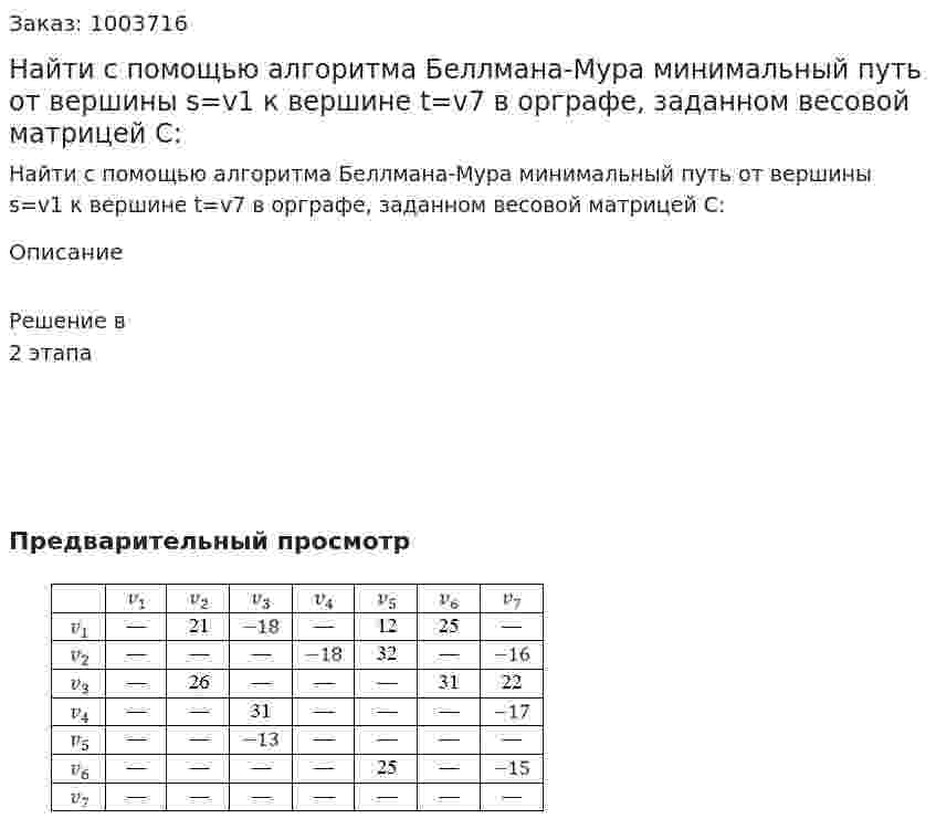 Найти с помощью алгоритма Беллмана-Мура минимальный путь от вершины s=v1  к вершине t=v7  в орграфе, заданном весовой матрицей  C:  