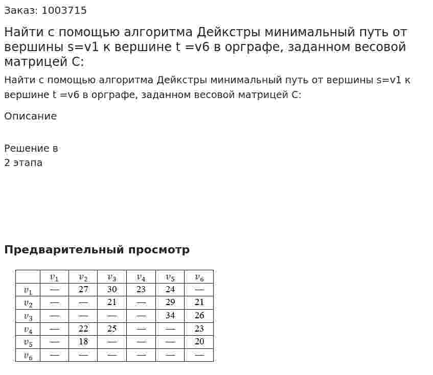 Найти с помощью алгоритма Дейкстры минимальный путь от вершины s=v1  к вершине t =v6 в орграфе, заданном весовой матрицей  C:  