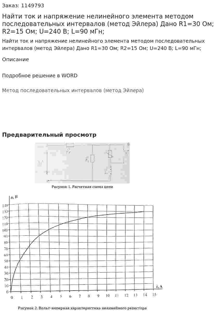 Найти ток и напряжение нелинейного элемента методом последовательных интервалов (метод Эйлера) Дано R1=30 Ом; R2=15 Ом; U=240 В; L=90 мГн; 