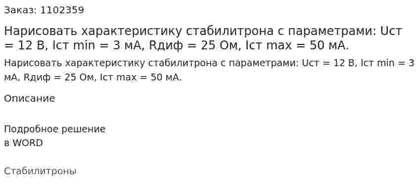 Нарисовать характеристику стабилитрона с параметрами: Uст = 12 В, Iст min = 3 мА, Rдиф = 25 Ом, Iст mах = 50 мА. 