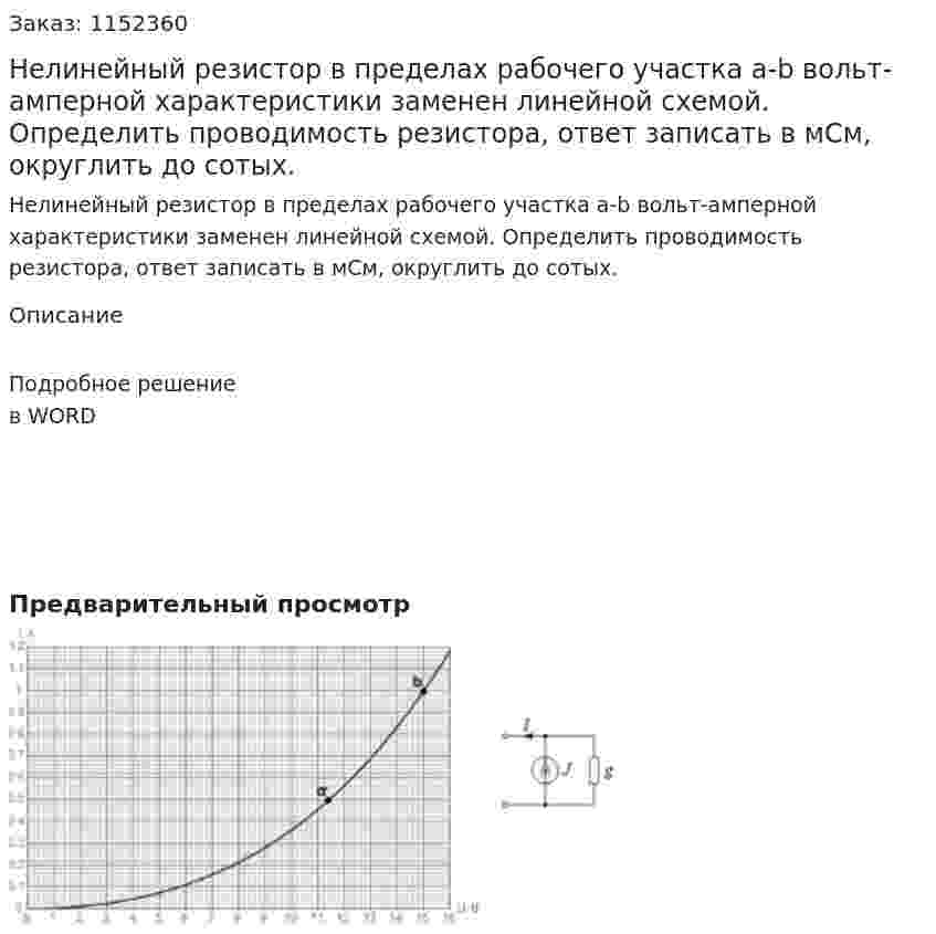 Нелинейный резистор в пределах рабочего участка a-b вольт-амперной характеристики заменен линейной схемой. Определить проводимость резистора, ответ записать в мСм, округлить до сотых. 
