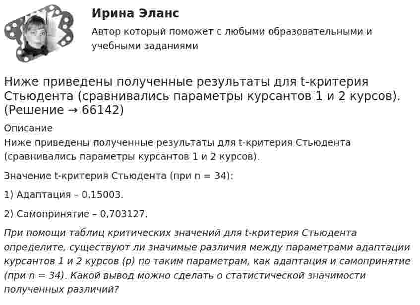      
            Описание
            Ниже приведены полученные результаты для t-критерия Стьюдента (сравнивались параметры курсантов 1 и 2 курсов).Значение t-критерия Стьюдента (при n = 34):1) Адаптация – 0,15003.2) Самопринятие – 0,703127.При помощи таблиц критических значений для t-критерия Стьюдента определите, существуют ли значимые различия между параметрами адаптации курсантов 1 и 2 курсов (р) по таким параметрам, как адаптация и самопринятие (при n = 34). Какой вывод можно сделать о статистической значимости полученных различий?   
            
            
            Ниже приведены известные высказывания Стива Джобса, основателя  корпорации Apple, получивший широкое признание в качестве пионера эры  информационных технологий. «Я могу уволить человека, а потом позвонить ему,  чтобы обсудить какой-то проект, или снНиже приведены полученные результаты для t-критерия Стьюдента (сравнивались параметры курсантов 1 и 2 курсов).Ниже приведены полученные результаты для t-критерия Стьюдента, сравнивались параметры курсантов 1 и 2 курсов.Ниже приведены полученные результаты для t-критерия Стьюдента, сравнивались параметры курсантов 1 и 2 курсов. Значение t-критерия Стьюдента (при п = 34). 1) Принятие других - 2,974496. 2) Стремление к доминированию - 2,044078. При помощи таблицНижний и верхний возрастной ценз нахождения на государственной гражданской службе составляет:...Низкий уровень минимальной заработной платы, установленной государством, способствует:Никелевый шар радиусом 2 см заряжен до потенциала 2,0 В. Его облучают квантами света длины.  200 нм. На какое максимальное расстояние от поверхности шара могут удалиться вылетающие электроныНеэлектролитом является  Выберите один ответ:  K2[PdBr4]   [Fe(CO)5]   [Zn(NH3)4]Cl2   K2[Zn(OH)4]«Нивелирование по квадратам применяют на равнине» – это…Ниже описаны три ситуации: 1) Вы наливаете чай в чашку и выпиваете его. 2) Сержант полиции (патрульно-постовой службы) требует от вас предъявить документы, удостоверяющие личность. 3) Вы гуляете по ночному городу, и встретившийся вам прохожийНиже описаны три ситуации: 1) Покупка вами транспортной карты для проезда в метро. 2) Осмотр определенной территории должностным лицом Федеральной антимонопольной службы (ФАС России), проводящим проверку в целях выяснения обстоятельств, имеющих знаНиже представлена формула расчета значения критерия  U = (nl • n2) + nх • (nx + 1) / 2 – Тх   Ниже приведен график чистой приведенной стоимости проекта NPV.  В какой точке графика наступает окупаемость проекта?Ниже приведены варианты Контрольно-курсового задания (ККЗ) из числа практических заданий к темам №3, №4, №6, №7 курса «Маркетинг: на основе данных». Всего 4 варианта ККЗ. Данные задания также можно найти в рабочей тетради к курсу в соответствующих темах. Вам необходимо выбрать один из вариантов для выполнения в качестве ККЗ и размещения отчета по заданию.