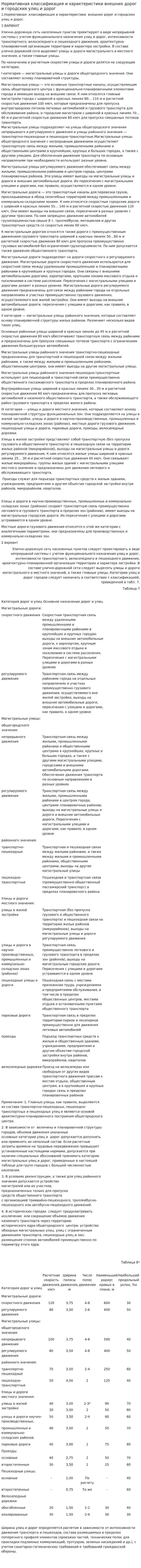 Нормативная классификация и характеристики внешних дорог и городских улиц и дорог