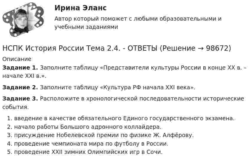      
            Описание
            Задание 1. Заполните таблицу «Представители культуры России в конце XX в. – начале XXI в.».Задание 2. Заполните таблицу «Культура РФ начала XXI века».Задание 3. Расположите в хронологической последовательности исторические события.введение в качестве обязательного Единого государственного экзамена.начало работы Большого адронного коллайдера.присуждение Нобелевской премии по физике Ж. Алфёрову. проведение чемпионата мира по футболу в России.проведение XXII зимних Олимпийских игр в Сочи.   
            
            
            НСПК История России Тема 2.3. - ОТВЕТЫНСПК История России Тема 2.4. - ОТВЕТЫНСПК История России тема 2.5. - ОТВЕТЫНСПК История России тема 2.6. - ОТВЕТЫНСПК! История. Тест к разделу 1. (ДО, СпДО, ПНК, КП, ПДО)НСПК! История. Тест к разделу 2. (ДО, СпДО, ПНК, КП, ПДО)НСПК! История. Тест к разделу 3. (ДО, СпДО, ПНК, КП, ПДО)НСПК! История. ПЗ - 2, задания 1-2 (ДО, СпДО, ПНК, КП, ПДО)НСПК! История. ПЗ - 2, задания 4-7 (ДО, СпДО, ПНК, КП, ПДО)НСПК История Практическое задание 3 Дошкольное образованиеНСПК История Практическое занятие 2. Задания 4-7НСПК! История России, ПНК, Практическое занятие 2 - ОТВЕТЫНСПК ИСТОРИЯ РОССИИ -- Самостоятельная работа 1.1.НСПК История России Самостоятельная работа 1.2. - ОТВЕТЫ