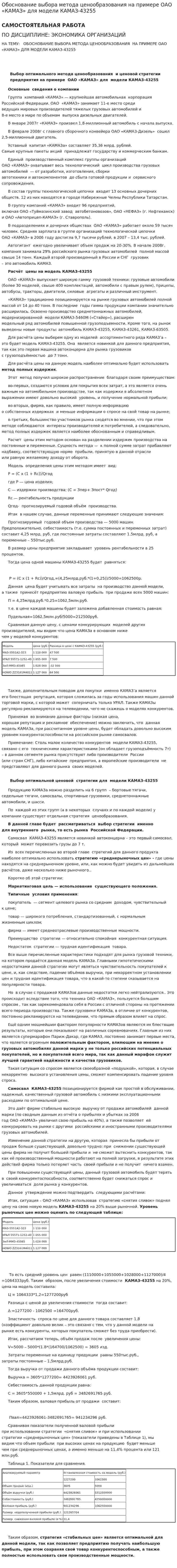 Обоснование выбора метода ценообразования на примере ОАО «КАМАЗ» для модели КАМАЗ-43255