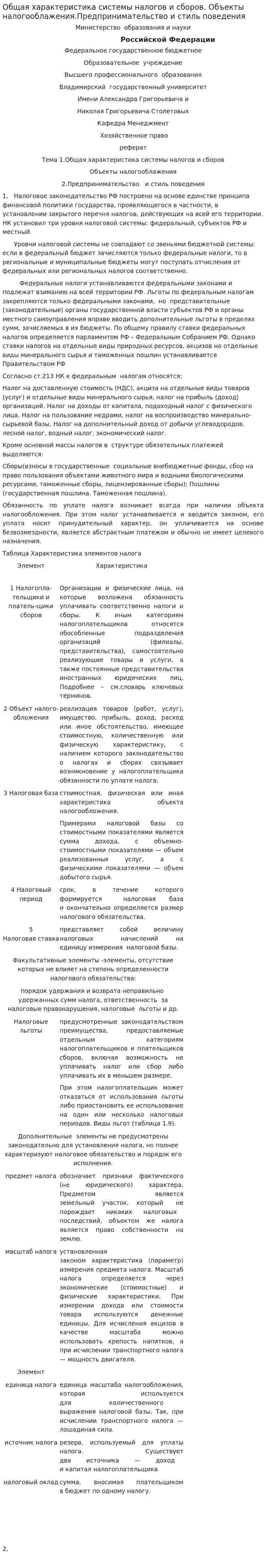 Общая характеристика системы налогов и сборов. Объекты налогооблажения.Предпринимательство и стиль поведения