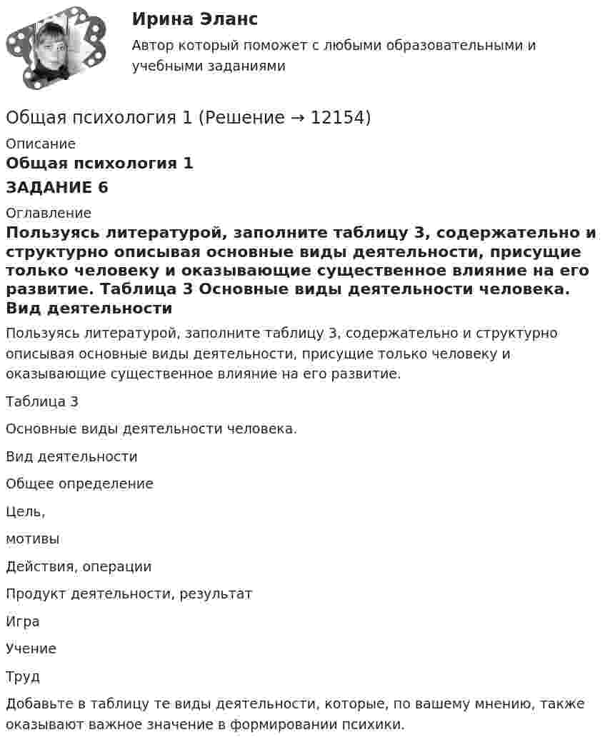      
          Описание
          Общая психология 1ЗАДАНИЕ 6 
          Оглавление
          	Пользуясь литературой, заполните таблицу 3, содержательно и структурно описывая основные виды деятельности, присущие только человеку и оказывающие существенное влияние на его развитие. 	Таблица 3	Основные виды деятельности человека.   Вид деятельности Общее определение  Цель,мотивы Действия, операции Продукт деятельности, результат   Игра       Учение       Труд     	Добавьте в таблицу те виды деятельности, которые, по вашему мнению, также оказывают важное значение в формировании психики. 
            
            
            Общая психологияОбщая психология 1Общая психология 1Общая психология 1Общая психология 1Общая психология 1Общая психология 1 ВКСОбщая педагогика (тест)Общая педагогика - тест с ответами - Синергия - 2022Общая педагогика - тест с ответами Синергия - 2022Общая педагогика (тест с ответами Синергия/МОИ/ МТИ /МОСАП)Общая психологияОбщая психологияОбщая психология