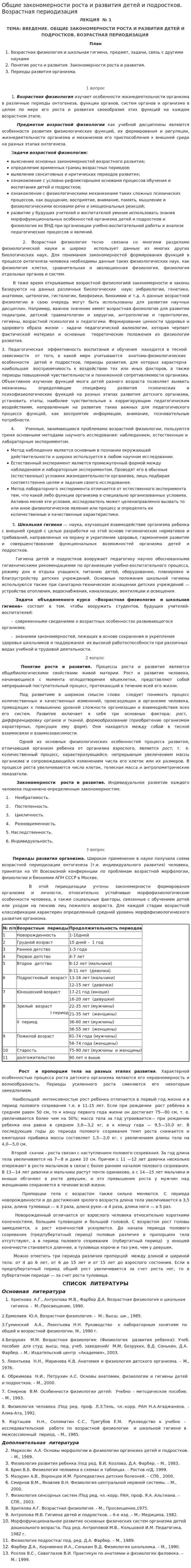 Общие закономерности роста и развития детей и подростков. Возрастная периодизация