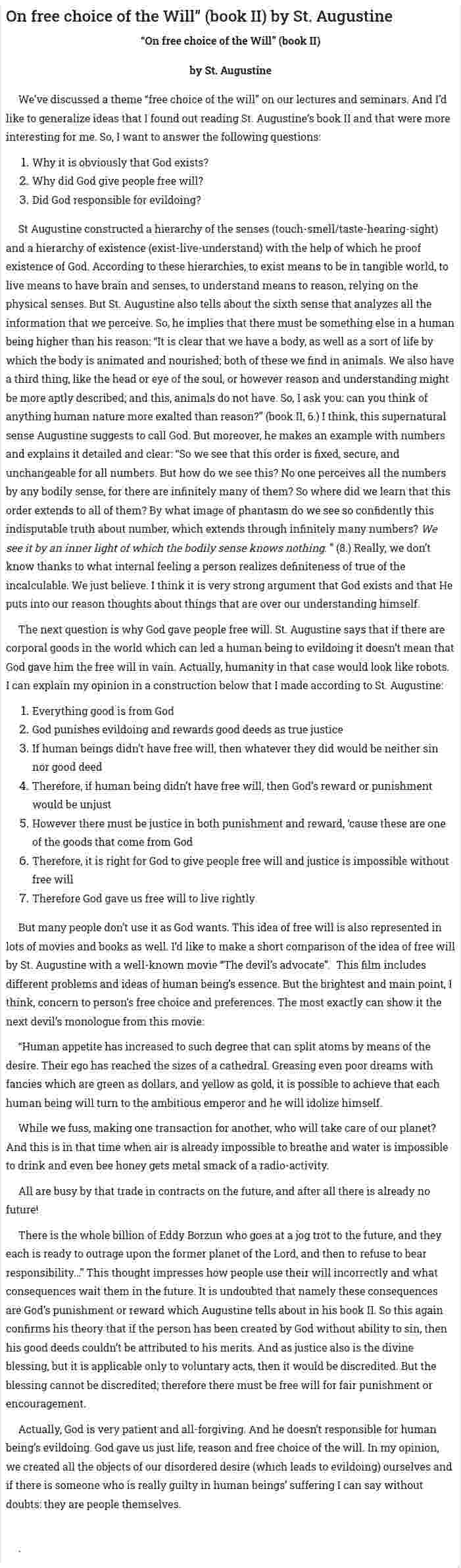 On free choice of the Will” (book II) by St. Augustine