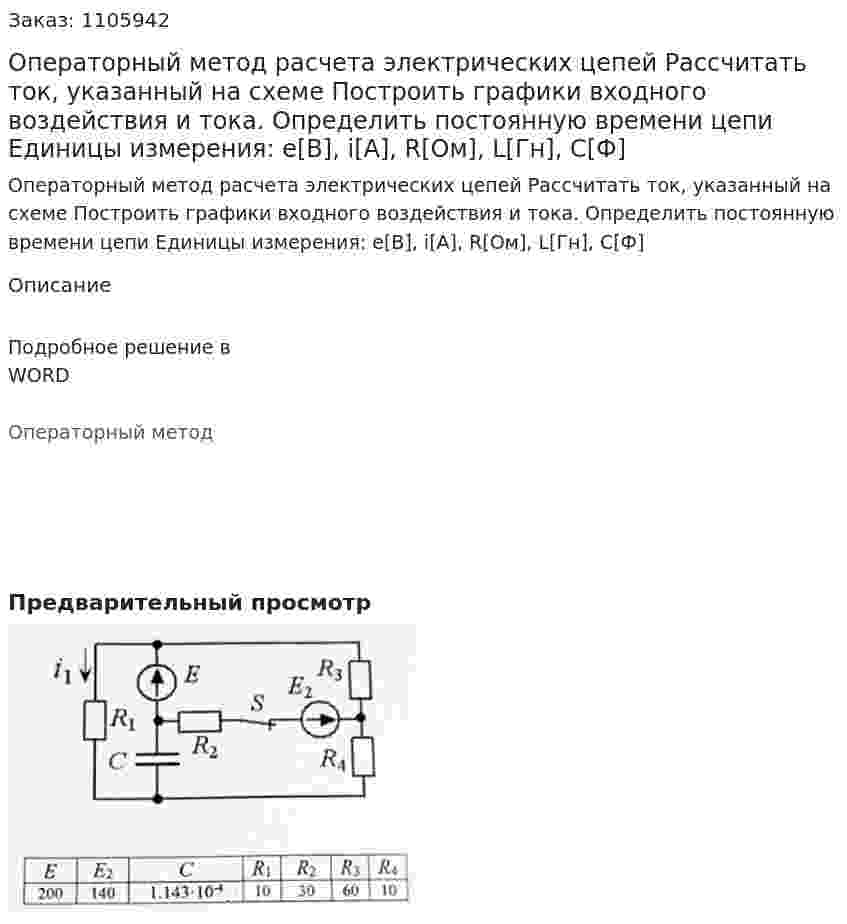 Операторный метод расчета электрических цепей Рассчитать ток, указанный на схеме Построить графики входного воздействия и тока. Определить постоянную времени цепи Единицы измерения: e[В], i[А], R[Ом], L[Гн], C[Ф] 