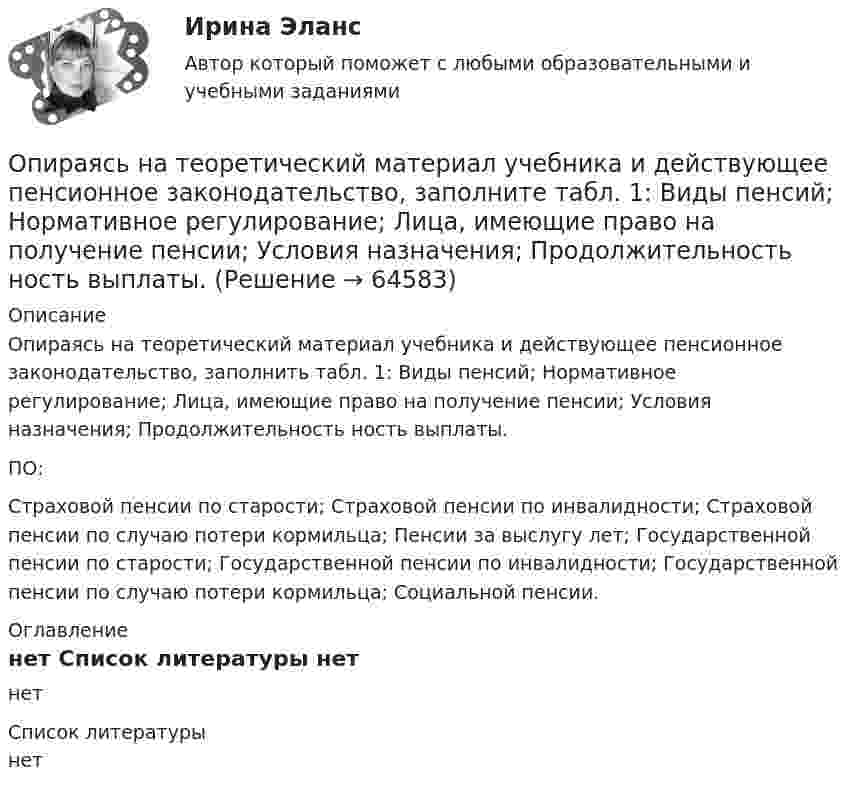     
            Описание
            Опираясь на теоретический материал учебника и действующее пенсионное законодательство, заполнить табл. 1: Виды пенсий; Нормативное регулирование; Лица, имеющие право на получение пенсии; Условия назначения; Продолжительность ность выплаты.ПО:Страховой пенсии по старости; Страховой пенсии по инвалидности; Страховой пенсии по случаю потери кормильца; Пенсии за выслугу лет; Государственной пенсии по старости; Государственной пенсии по инвалидности; Государственной пенсии по случаю потери кормильца; Социальной пенсии. 
            Оглавление
            нет 
            Список литературы
            нет 
            
            
            Опираясь на теоретический материал учебника и действующее законодательство, заполните табл. 2 : Вид пособия; Нормативное регулирование;  Лица, имеющие право на получение пособия; Условия назначения; Продолжительность выплаты.Опираясь на теоретический материал учебника и действующее пенсионное законодательство, заполните табл. 1: Виды пенсий; Нормативное регулирование; Лица, имеющие право на получение пенсии; Условия назначения; Продолжительность ность выплаты.Описание 1.Заполните таблицу, исходя из трактовок Св. Августина и Ф. Аквинского: Наименование трактовок Трактовки хозяйственных явлений и экономических категорий Ранние канонисты – Святой Августин Поздние канонисты – Фома Аквинский Разделение труда Богатство Обмен Справедливая цена ДеньгиОписание 1) * - некоторые предложения предполагают два правильных ответа 1. My cousin is … bank manager. a a b an c the d any 2. I write… books. a the b a c - d some 3. Is this laptop … ? a yours b your c you d - 4. Is Caroline … ?Описание 1. Перепишите следующие предложения и переведите их на русский язык, обращая внимание на разные значения слов it, that, one.Описание 1. Раскройте содержание каждого из элементов программы реформы А.П.Столыпина. Основные элементы программы реформы Содержание 1. Деятельность Крестьянского банка.Описание m=1 n=2 Задание 1 1 Результаты измерений некоторой физической величины представлены в таблице: i 1 2 3 4 5 6 7 8 ai;bi a1;b1 a2;b2 a3;a3 a4;b4 a5;a5 a6;b6 a7;b7 a8;b8Операционный менеджмент ММУ 2024Операционный менеджмент тест СинергияОперационный менеджмент (тест с ответами Синергия)💯 Операционный менеджмент.ти ЭБС (ответы на тест Синергия / МТИ / МосАП, март 2023)Операцию «Введено в эксплуатацию основное средство» в бухгалтерском учете отражают проводкой …Операция формирования нового отношения, включающего только те кортежи первоначального отношения, которые удовлетворяют некоторому условию называетсяОпираясь на данные табл. 1, рассчитайте: 1) внешнеторговый оборот и сальдо торгового баланса России за 2010-2016 гг.; 2) динамику (темп роста) внешнеторгового оборота РФ за 2010 – 2016гг.; 3) доли стран дальнего зарубежья и стран СНГ в товарном экспорте России с 2010 по 2016 г.;