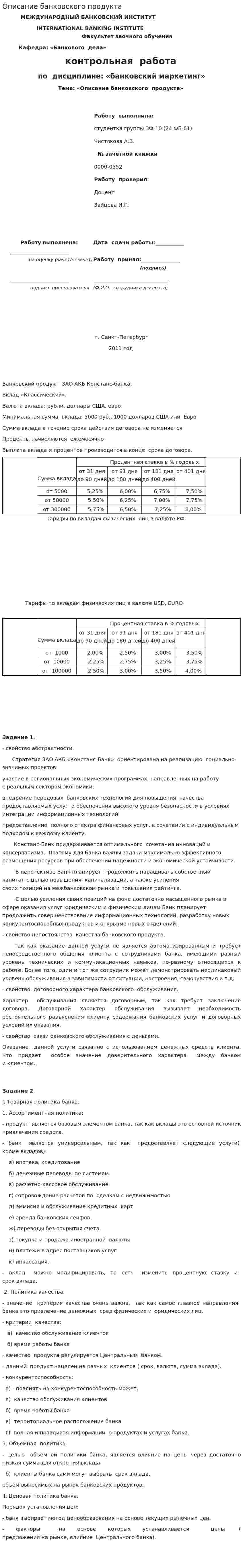 Описание банковского продукта