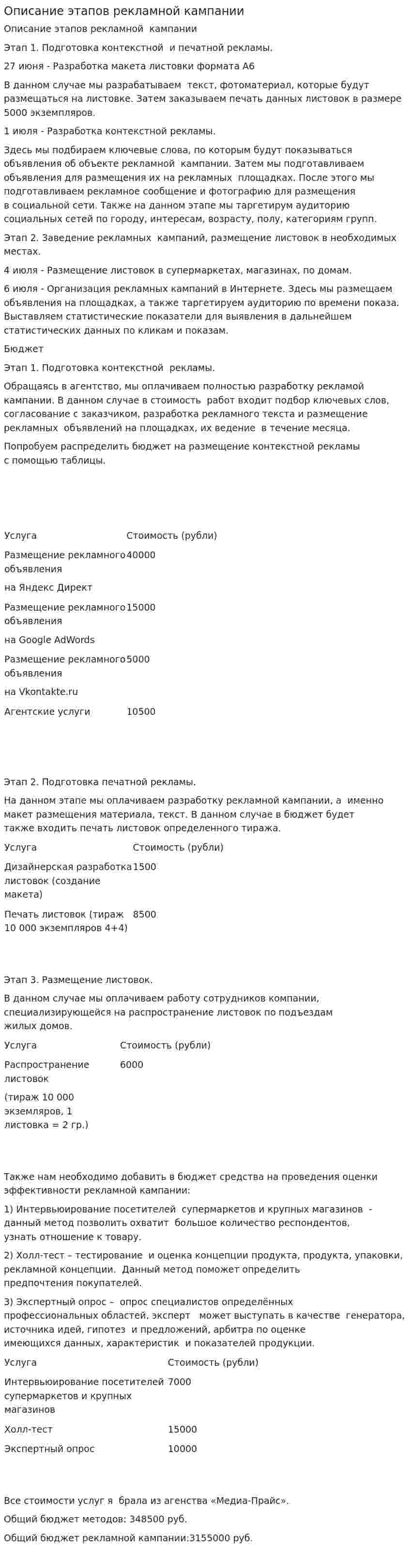 Описание этапов рекламной кампании